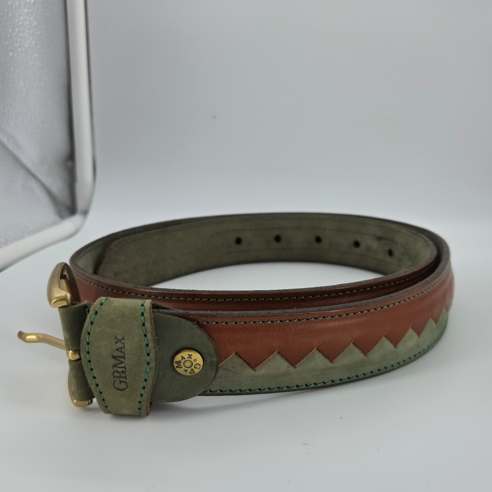 GP&MAX Men Italian Leather Belt Green Suede Brown Zigzag Geometric 110/125 38-46